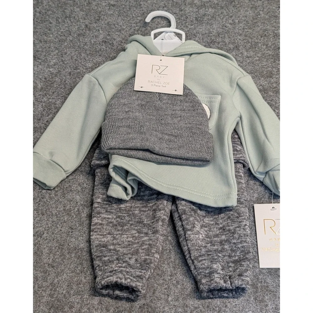 RZ Baby by Rachel Zoe Infant Unisex 3 Pc Set Pants, Top & Knit Beanie 3/6 Months
